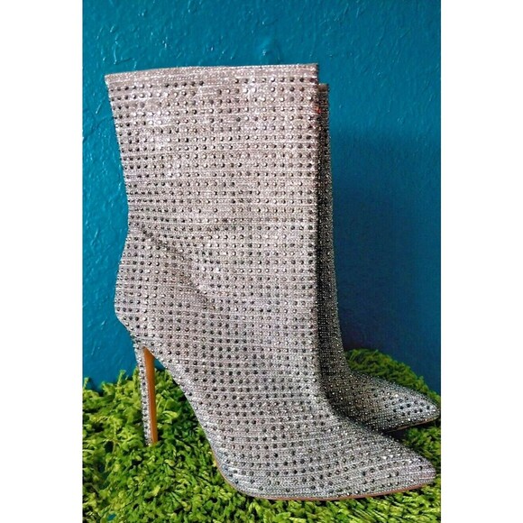 Silver Rhinestone Boots Womens Size 9 Glaze 4" Heel Pointed Toe - Picture 2 of 14